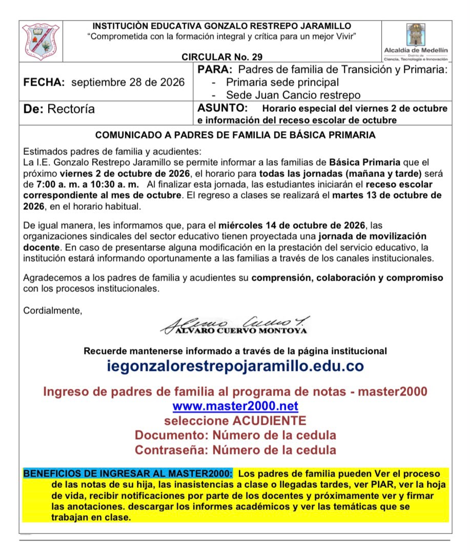 Circular 29 Horario 2 oct y receso escolar